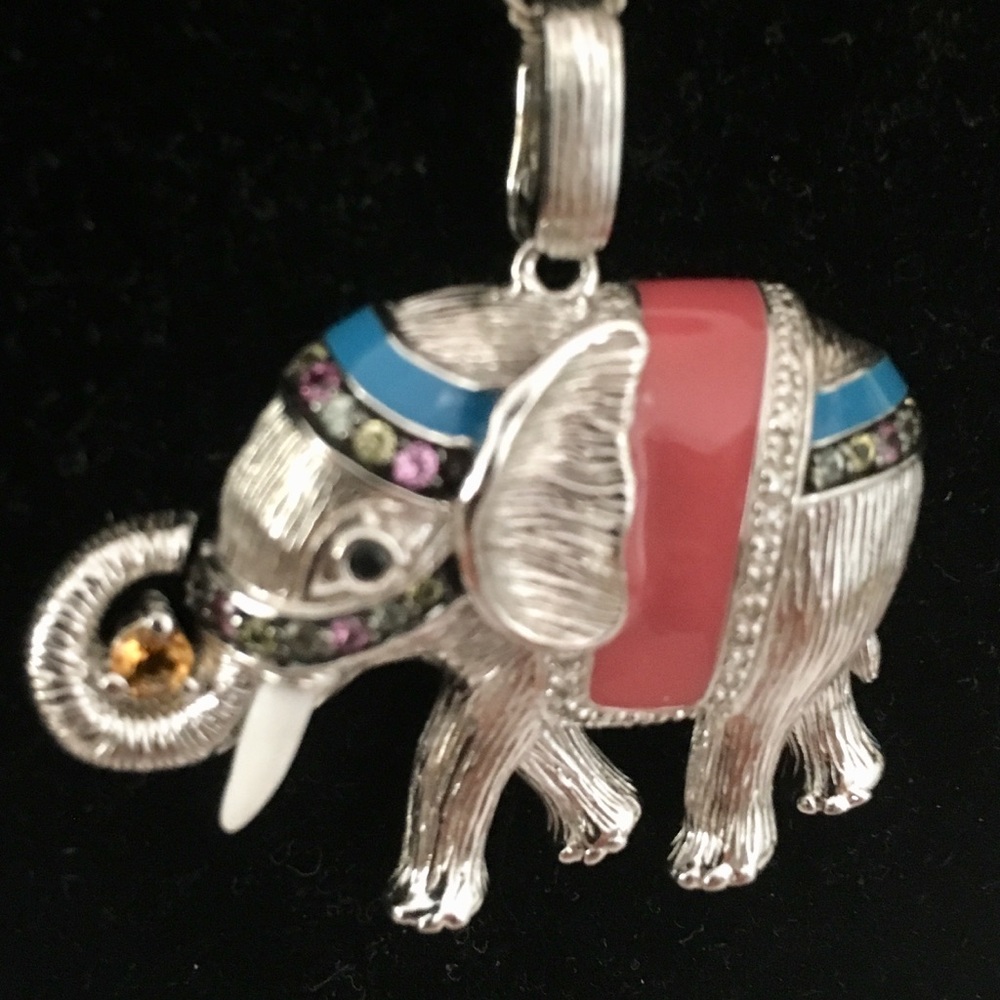 Elephant necklace rhinestones enamel sterling